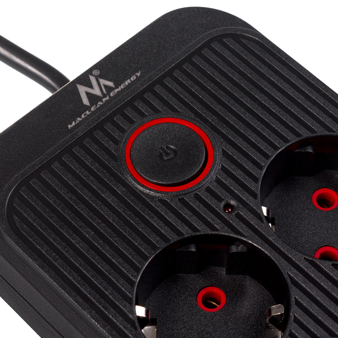 Maclean stekkerdoos, 6-polige verlengkabel + 4xUSB, 110-240V AC 50/60Hz, 2,1A max 2500W, 1,5 m, zwart, MCE389 B