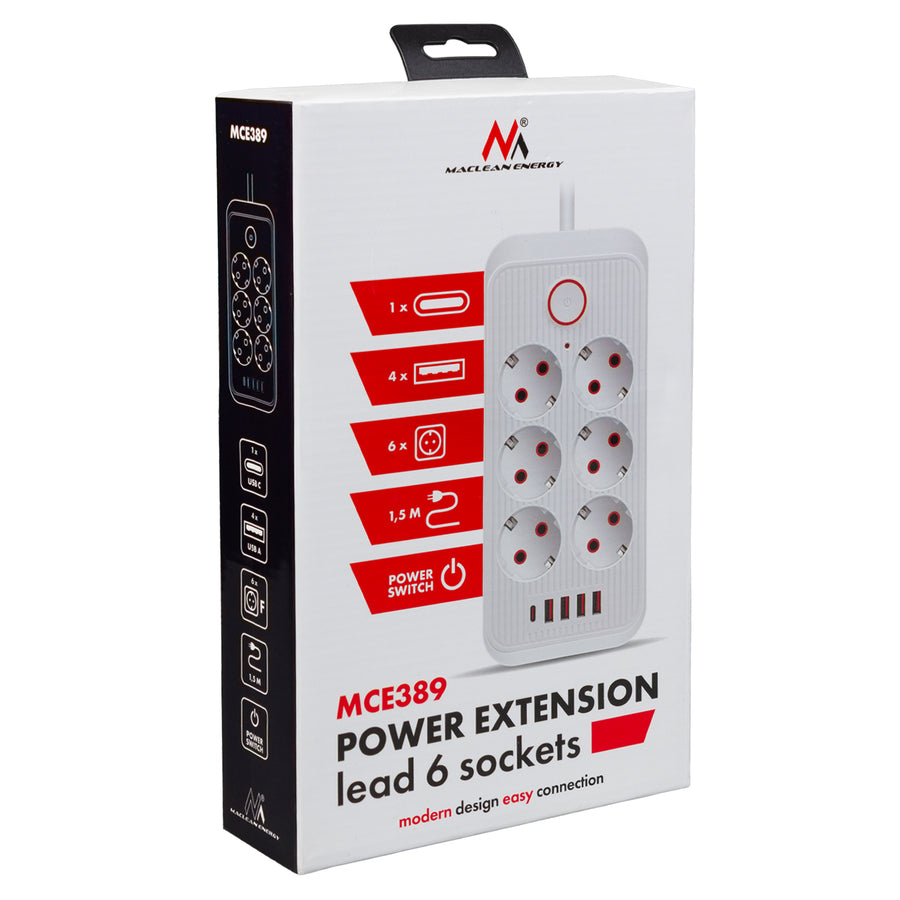 Maclean stekkerdoos, 6-polige verlengkabel + 4xUSB, 110-240V AC 50/60Hz, 2,1A max 2500W, 1,5 m, zwart, MCE389 B
