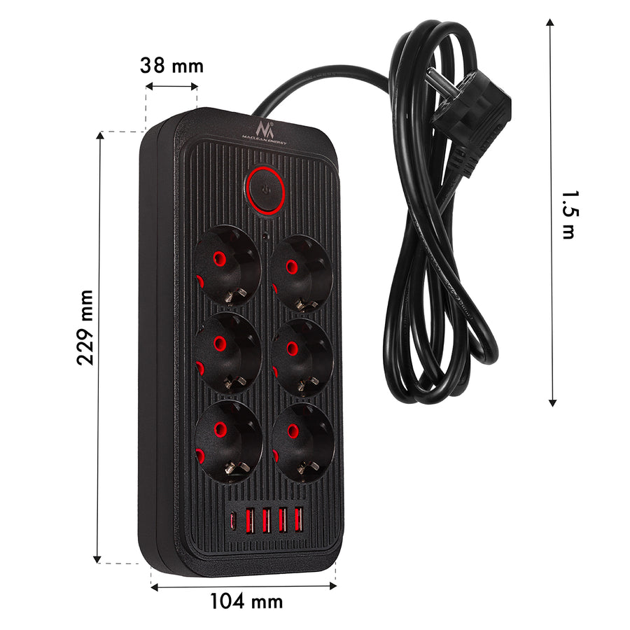 Maclean stekkerdoos, 6-polige verlengkabel + 4xUSB, 110-240V AC 50/60Hz, 2,1A max 2500W, 1,5 m, zwart, MCE389 B