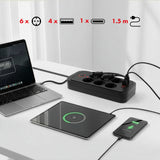Maclean stekkerdoos, 6-polige verlengkabel + 4xUSB, 110-240V AC 50/60Hz, 2,1A max 2500W, 1,5 m, zwart, MCE389 B