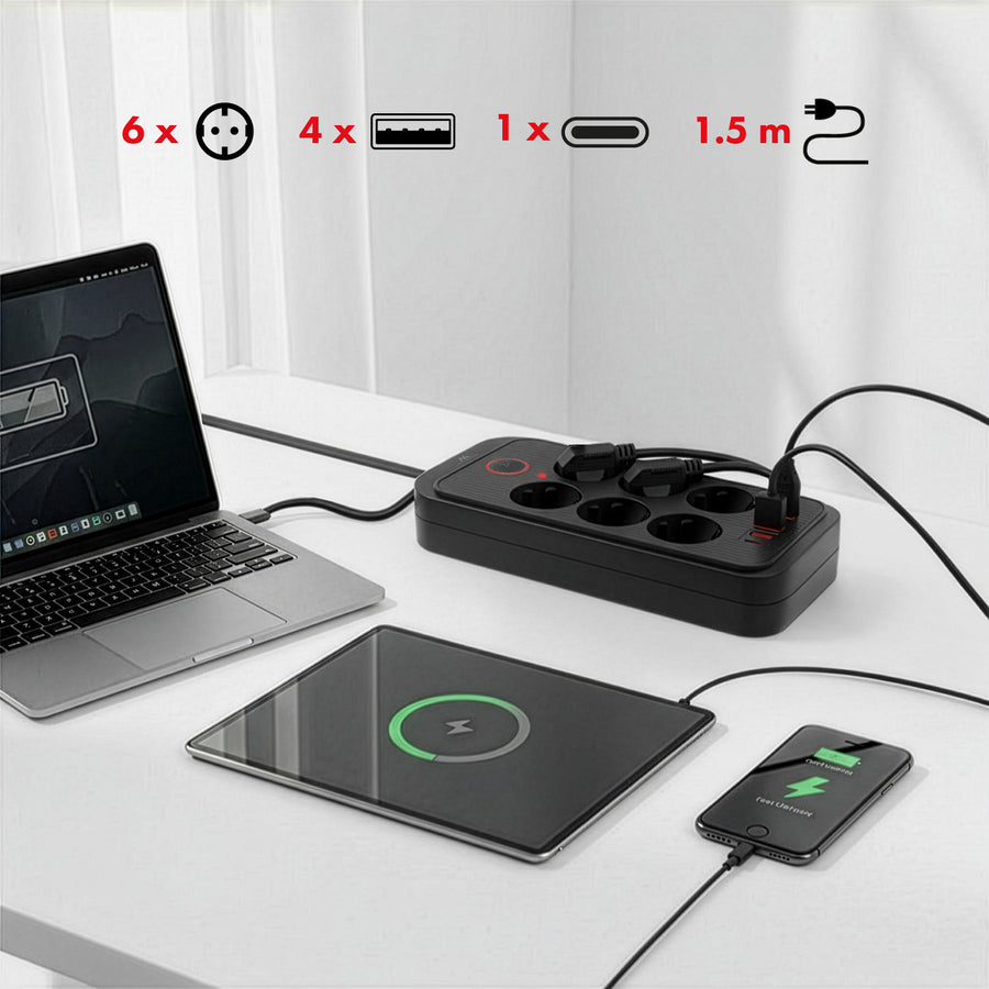 Maclean stekkerdoos, 6-polige verlengkabel + 4xUSB, 110-240V AC 50/60Hz, 2,1A max 2500W, 1,5 m, zwart, MCE389 B