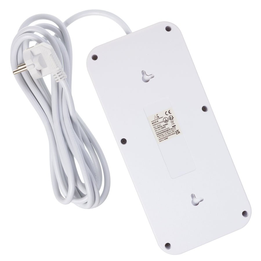 Maclean stekkerdoos, 6-polige verlengkabel + 4xUSB, 110-240V AC 50/60Hz, 2,1A max 2500W, 3m, wit, MCE391 W