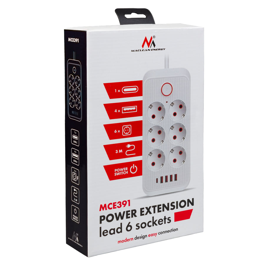 Maclean stekkerdoos, 6-polige verlengkabel + 4xUSB, 110-240V AC 50/60Hz, 2,1A max 2500W, 3m, wit, MCE391 W