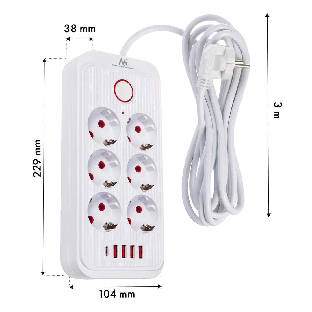 Maclean stekkerdoos, 6-polige verlengkabel + 4xUSB, 110-240V AC 50/60Hz, 2,1A max 2500W, 3m, wit, MCE391 W