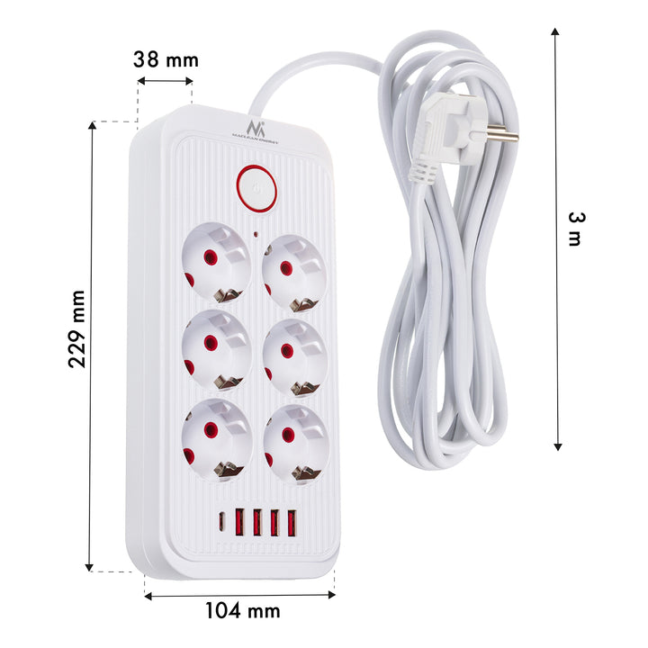 Maclean stekkerdoos, 6-polige verlengkabel + 4xUSB, 110-240V AC 50/60Hz, 2,1A max 2500W, 3m, wit, MCE391 W