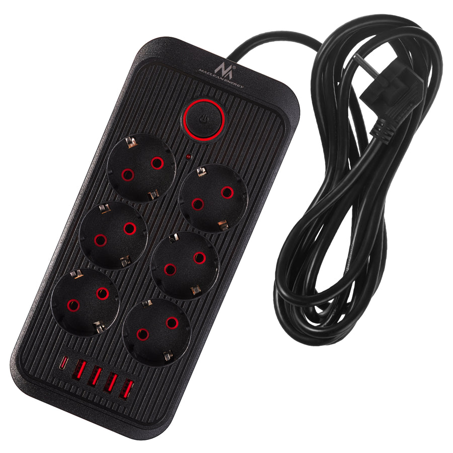 Maclean stekkerdoos, 6-polige verlengkabel + 4xUSB, 110-240V AC 50/60Hz, 2,1A max 2500W, 3m, zwart, MCE391 B
