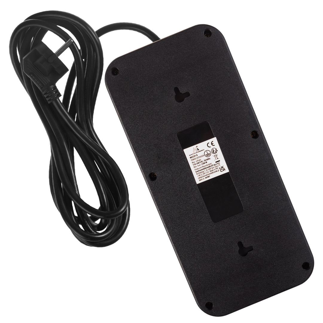 Maclean stekkerdoos, 6-polige verlengkabel + 4xUSB, 110-240V AC 50/60Hz, 2,1A max 2500W, 3m, zwart, MCE391 B