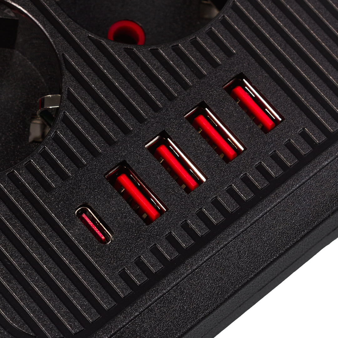 Maclean stekkerdoos, 6-polige verlengkabel + 4xUSB, 110-240V AC 50/60Hz, 2,1A max 2500W, 3m, zwart, MCE391 B