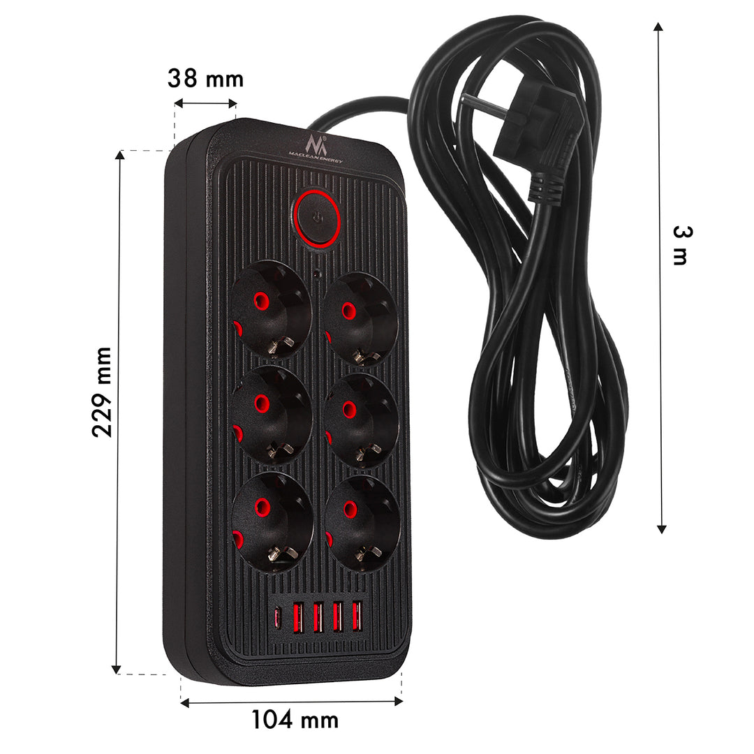 Maclean stekkerdoos, 6-polige verlengkabel + 4xUSB, 110-240V AC 50/60Hz, 2,1A max 2500W, 3m, zwart, MCE391 B