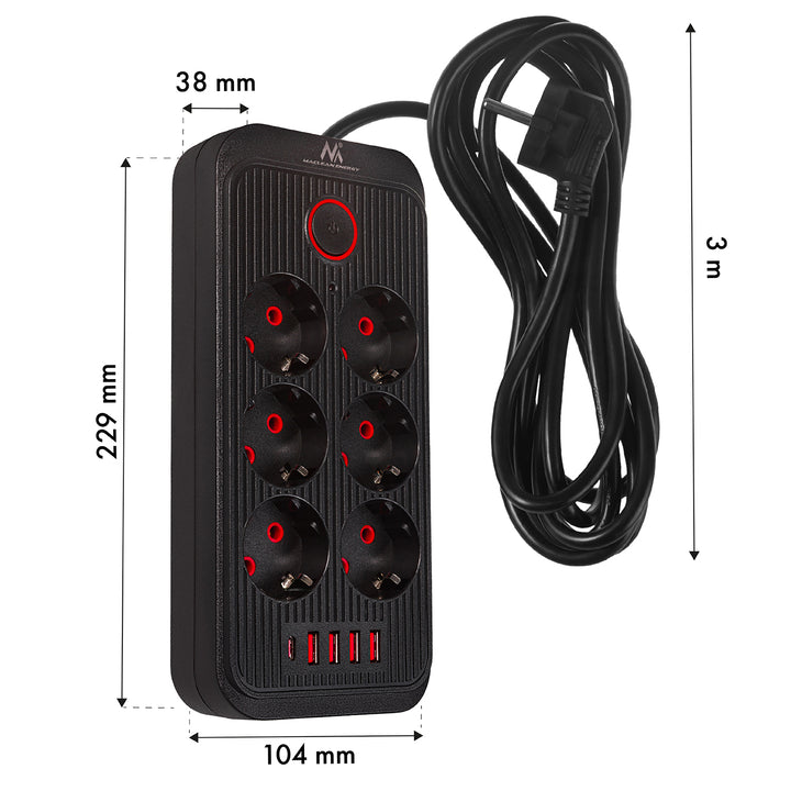 Maclean stekkerdoos, 6-polige verlengkabel + 4xUSB, 110-240V AC 50/60Hz, 2,1A max 2500W, 3m, zwart, MCE391 B