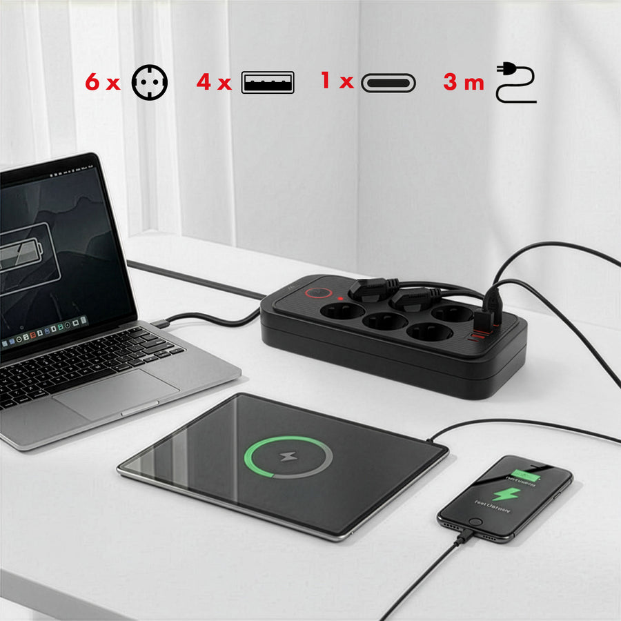 Maclean stekkerdoos, 6-polige verlengkabel + 4xUSB, 110-240V AC 50/60Hz, 2,1A max 2500W, 3m, zwart, MCE391 B