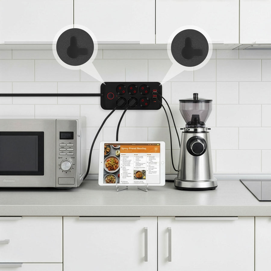 Maclean stekkerdoos, 6-polige verlengkabel + 4xUSB, 110-240V AC 50/60Hz, 2,1A max 2500W, 3m, zwart, MCE391 B