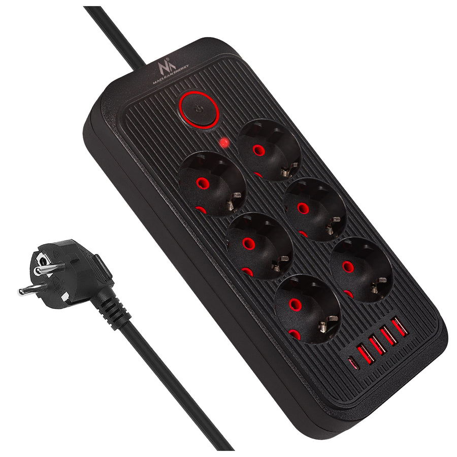 Maclean stekkerdoos, 6-polige verlengkabel + 4xUSB, 110-240V AC 50/60Hz, 2,1A max 2500W, 3m, zwart, MCE391 B
