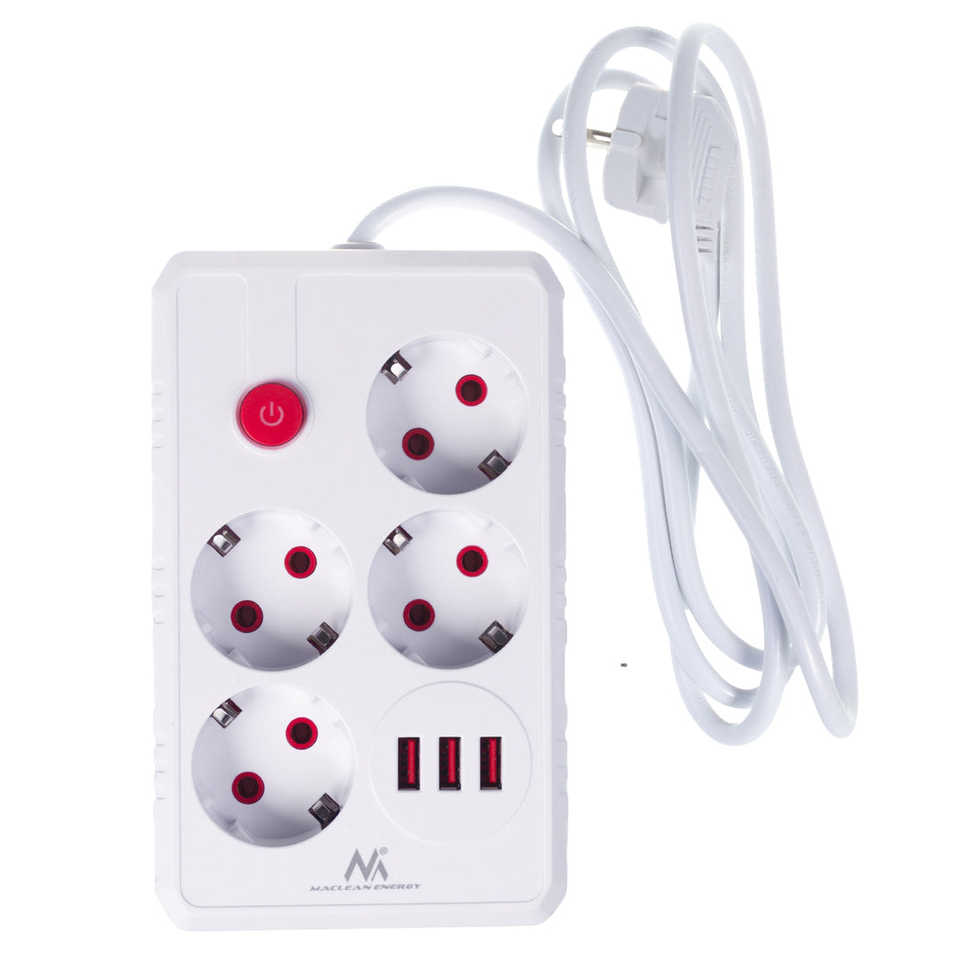 Maclean stekkerdoos, 4-polige verlengkabel + 3xUSB, 110-240V AC 50/60Hz, 2,1A max 2500W, 1,5m, wit, MCE392 W