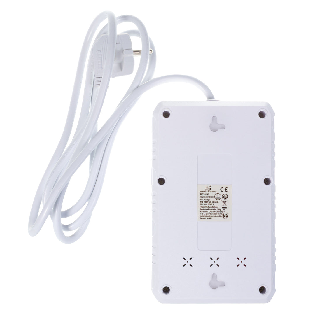 Maclean stekkerdoos, 4-polige verlengkabel + 3xUSB, 110-240V AC 50/60Hz, 2,1A max 2500W, 1,5m, wit, MCE392 W