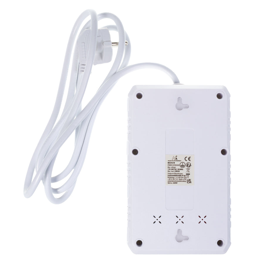 Maclean stekkerdoos, 4-polige verlengkabel + 3xUSB, 110-240V AC 50/60Hz, 2,1A max 2500W, 1,5m, wit, MCE392 W