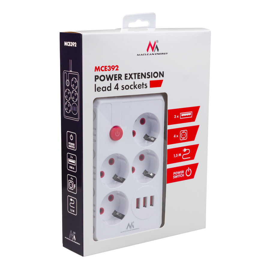 Maclean stekkerdoos, 4-polige verlengkabel + 3xUSB, 110-240V AC 50/60Hz, 2,1A max 2500W, 1,5m, wit, MCE392 W