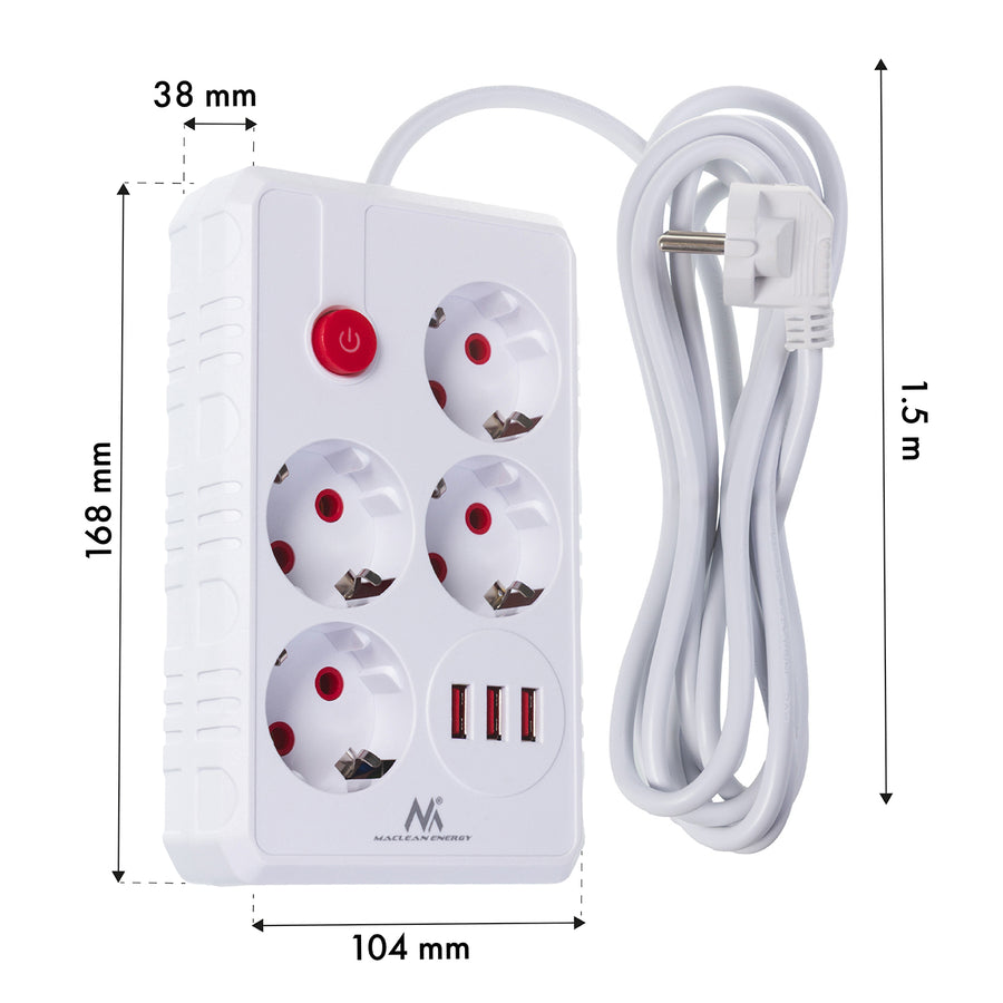 Maclean stekkerdoos, 4-polige verlengkabel + 3xUSB, 110-240V AC 50/60Hz, 2,1A max 2500W, 1,5m, wit, MCE392 W