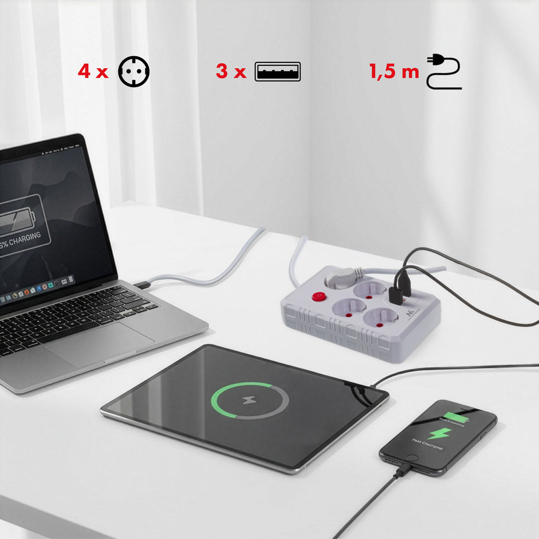 Maclean stekkerdoos, 4-polige verlengkabel + 3xUSB, 110-240V AC 50/60Hz, 2,1A max 2500W, 1,5m, wit, MCE392 W