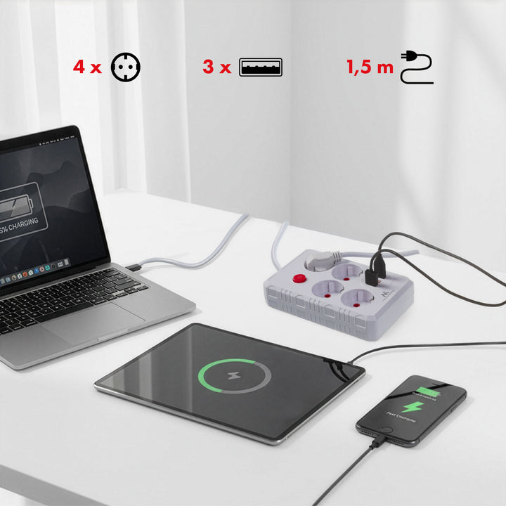 Maclean stekkerdoos, 4-polige verlengkabel + 3xUSB, 110-240V AC 50/60Hz, 2,1A max 2500W, 1,5m, wit, MCE392 W