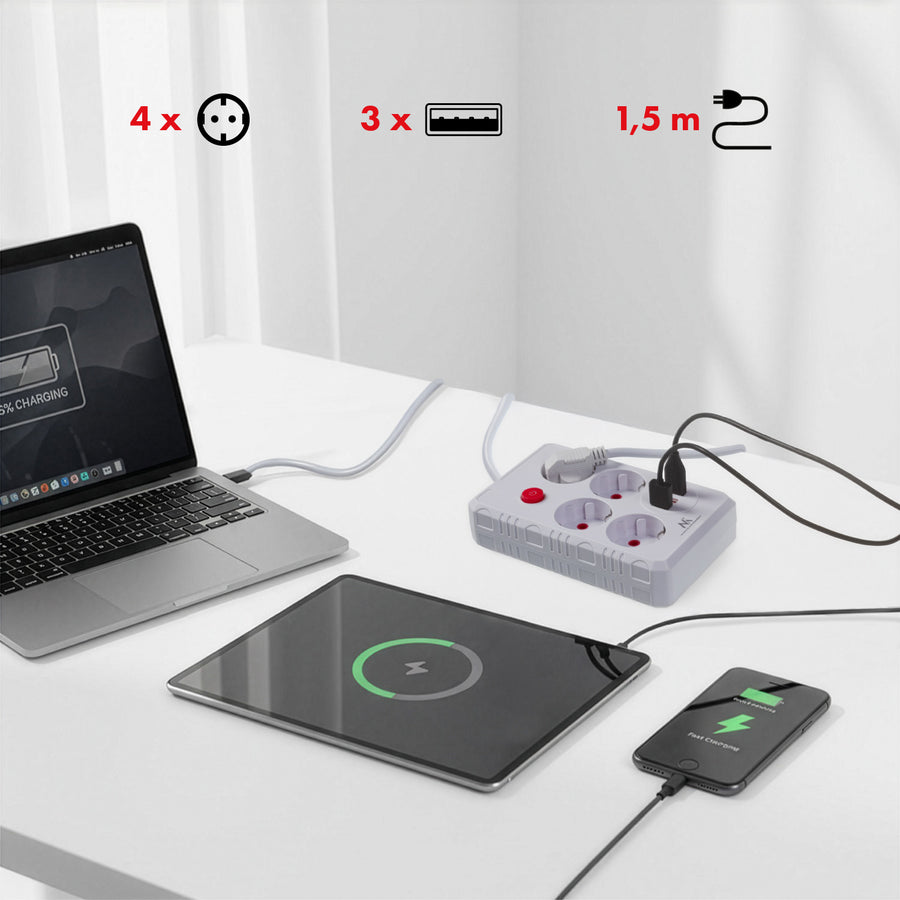 Maclean stekkerdoos, 4-polige verlengkabel + 3xUSB, 110-240V AC 50/60Hz, 2,1A max 2500W, 1,5m, wit, MCE392 W