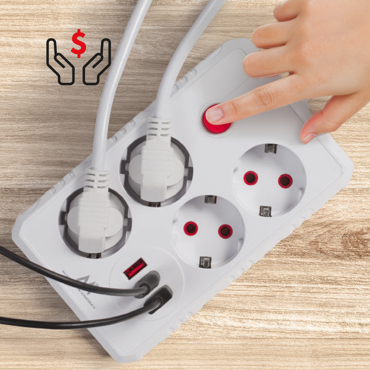 Maclean stekkerdoos, 4-polige verlengkabel + 3xUSB, 110-240V AC 50/60Hz, 2,1A max 2500W, 1,5m, wit, MCE392 W
