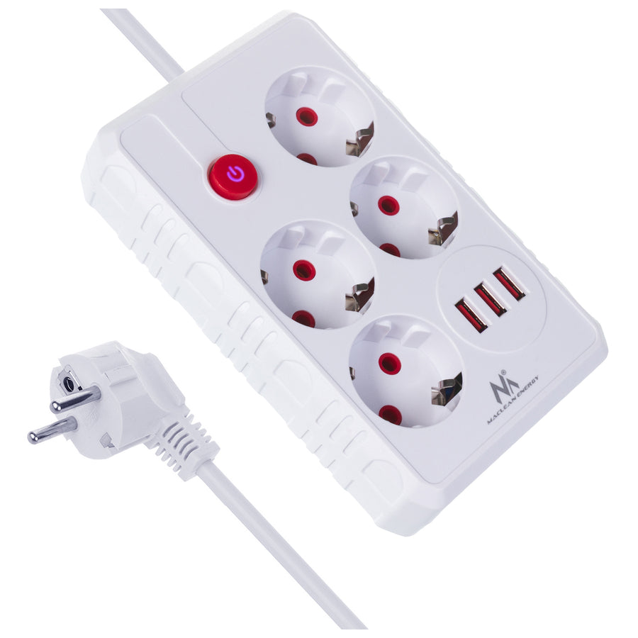 Maclean stekkerdoos, 4-polige verlengkabel + 3xUSB, 110-240V AC 50/60Hz, 2,1A max 2500W, 1,5m, wit, MCE392 W