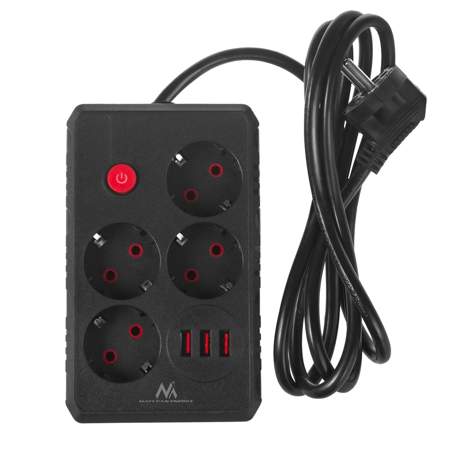 Maclean stekkerdoos, 4-polige verlengkabel + 3xUSB, 110-240V AC 50/60Hz, 2,1A max 2500W, 1,5m, zwart, MCE392 B