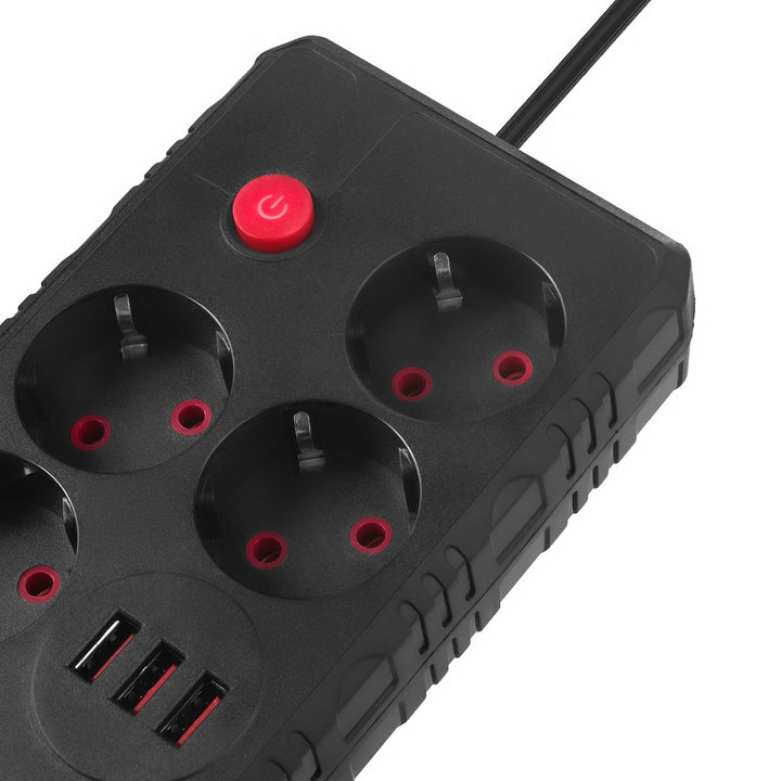 Maclean stekkerdoos, 4-polige verlengkabel + 3xUSB, 110-240V AC 50/60Hz, 2,1A max 2500W, 1,5m, zwart, MCE392 B