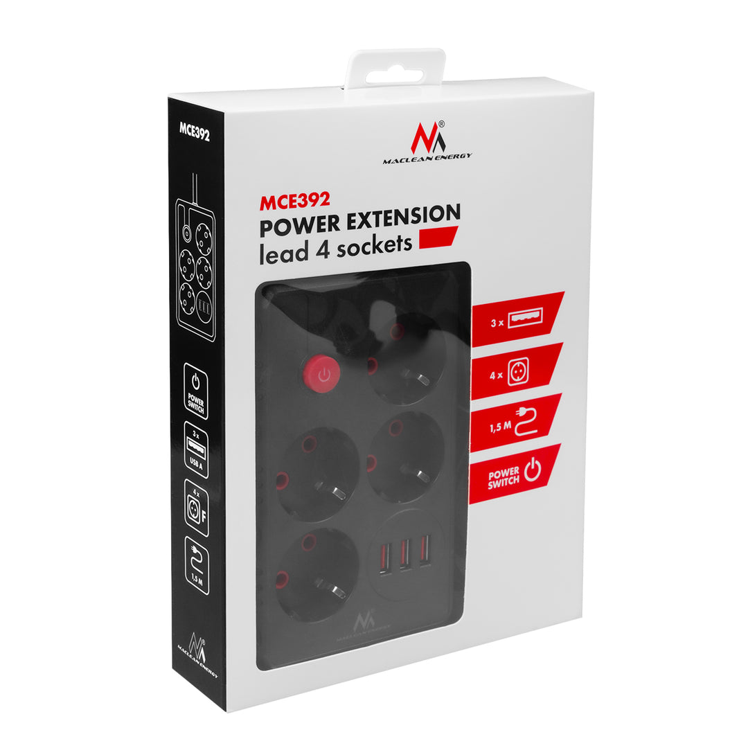 Maclean stekkerdoos, 4-polige verlengkabel + 3xUSB, 110-240V AC 50/60Hz, 2,1A max 2500W, 1,5m, zwart, MCE392 B