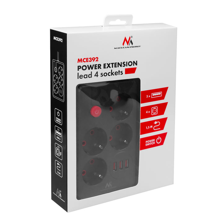 Maclean stekkerdoos, 4-polige verlengkabel + 3xUSB, 110-240V AC 50/60Hz, 2,1A max 2500W, 1,5m, zwart, MCE392 B