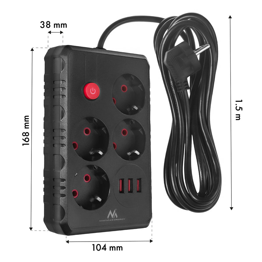 Maclean stekkerdoos, 4-polige verlengkabel + 3xUSB, 110-240V AC 50/60Hz, 2,1A max 2500W, 1,5m, zwart, MCE392 B