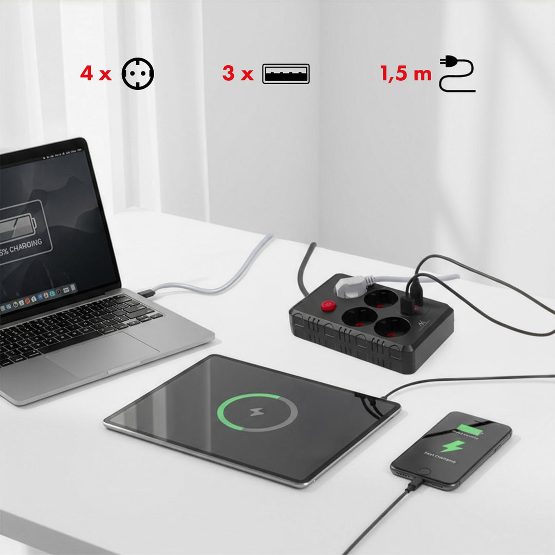 Maclean stekkerdoos, 4-polige verlengkabel + 3xUSB, 110-240V AC 50/60Hz, 2,1A max 2500W, 1,5m, zwart, MCE392 B