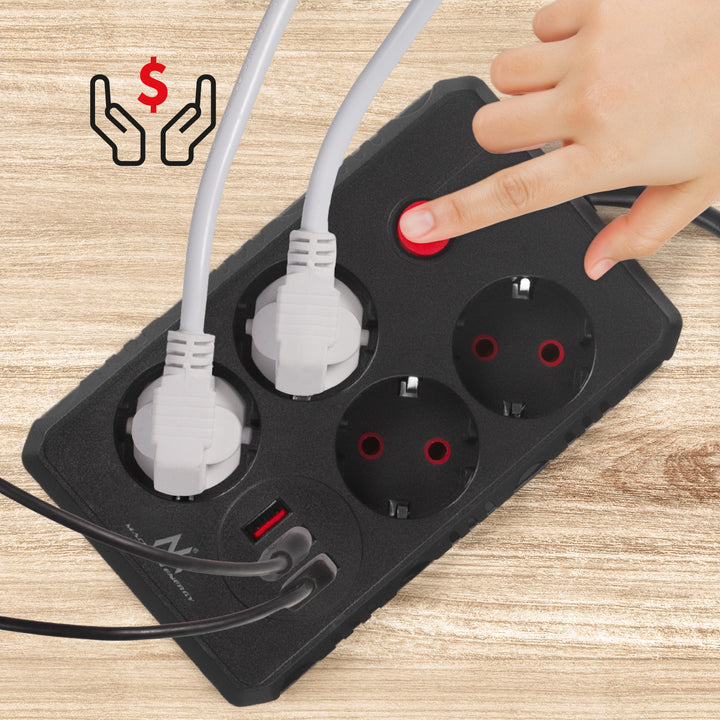 Maclean stekkerdoos, 4-polige verlengkabel + 3xUSB, 110-240V AC 50/60Hz, 2,1A max 2500W, 1,5m, zwart, MCE392 B