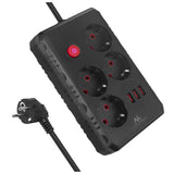 Maclean stekkerdoos, 4-polige verlengkabel + 3xUSB, 110-240V AC 50/60Hz, 2,1A max 2500W, 1,5m, zwart, MCE392 B