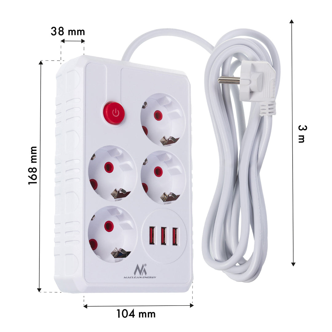 Maclean stekkerdoos, 4-polige verlengkabel + 3xUSB, 110-240V AC 50/60Hz, 2,1A max 2500W, 3m, wit, MCE393 W