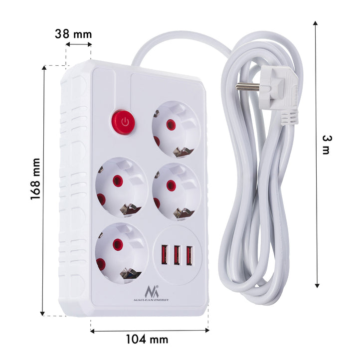 Maclean stekkerdoos, 4-polige verlengkabel + 3xUSB, 110-240V AC 50/60Hz, 2,1A max 2500W, 3m, wit, MCE393 W