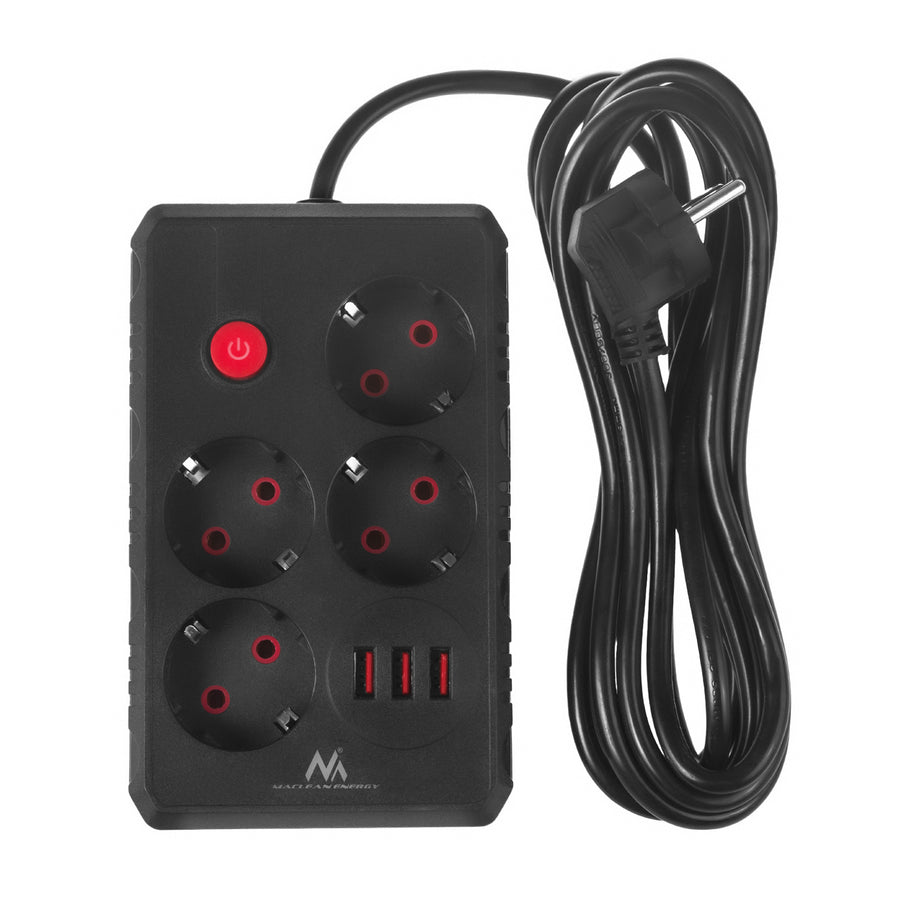 Maclean stekkerdoos, 4-polige verlengkabel + 3xUSB, 110-240V AC 50/60Hz, 2,1A max 2500W, 3m, zwart, MCE393 B