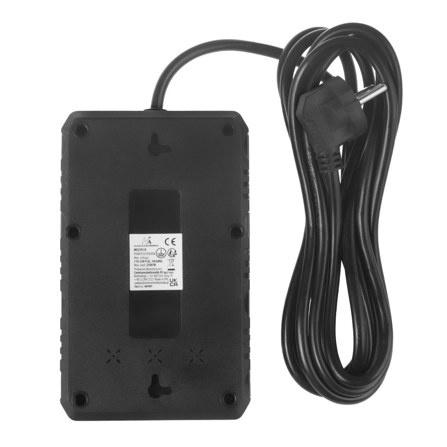 Maclean stekkerdoos, 4-polige verlengkabel + 3xUSB, 110-240V AC 50/60Hz, 2,1A max 2500W, 3m, zwart, MCE393 B