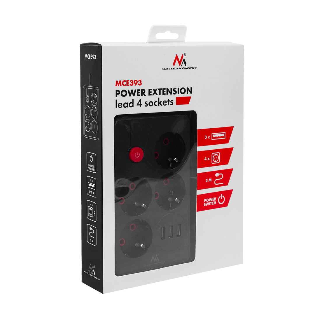Maclean stekkerdoos, 4-polige verlengkabel + 3xUSB, 110-240V AC 50/60Hz, 2,1A max 2500W, 3m, zwart, MCE393 B