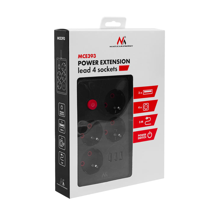 Maclean stekkerdoos, 4-polige verlengkabel + 3xUSB, 110-240V AC 50/60Hz, 2,1A max 2500W, 3m, zwart, MCE393 B