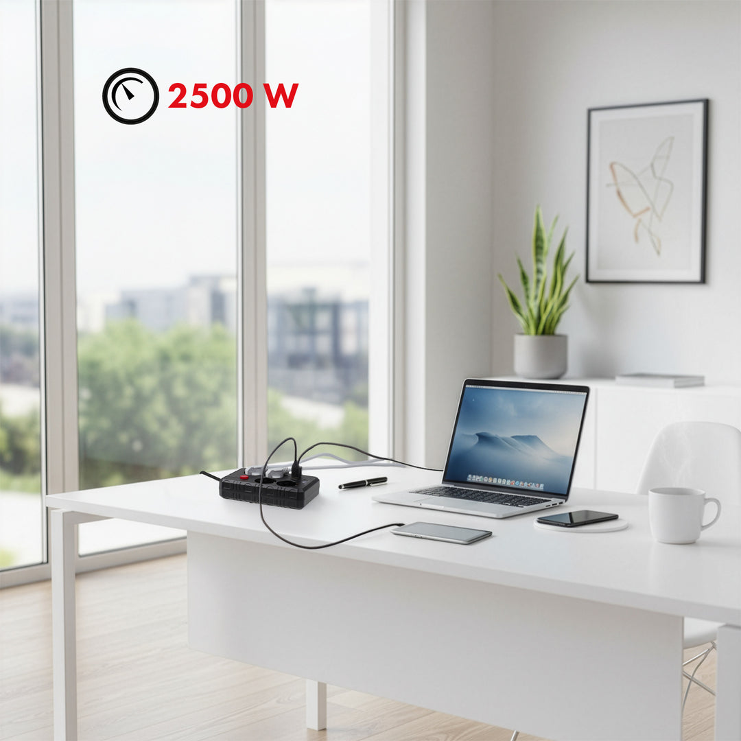 Maclean stekkerdoos, 4-polige verlengkabel + 3xUSB, 110-240V AC 50/60Hz, 2,1A max 2500W, 3m, zwart, MCE393 B