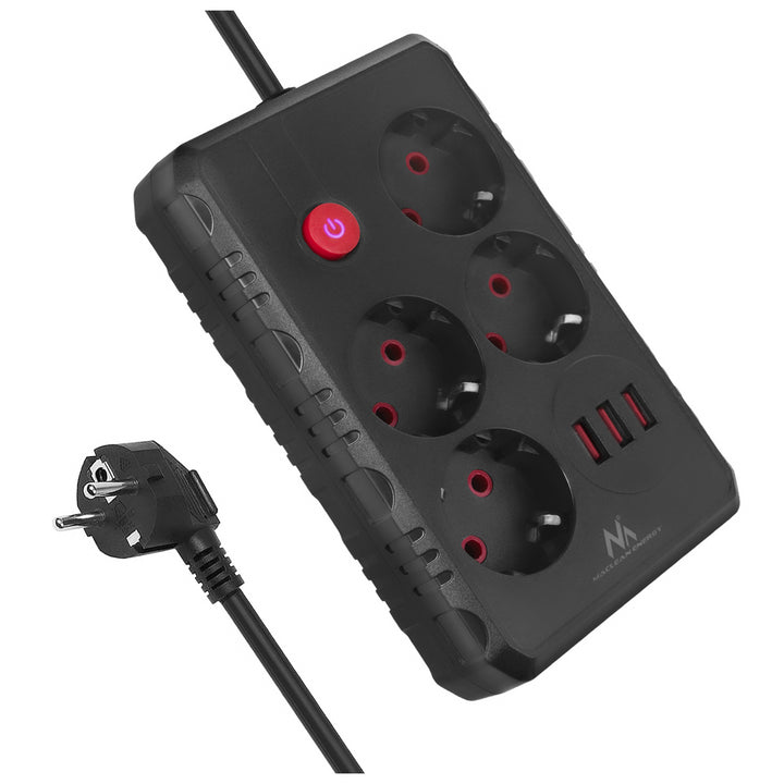 Maclean stekkerdoos, 4-polige verlengkabel + 3xUSB, 110-240V AC 50/60Hz, 2,1A max 2500W, 3m, zwart, MCE393 B