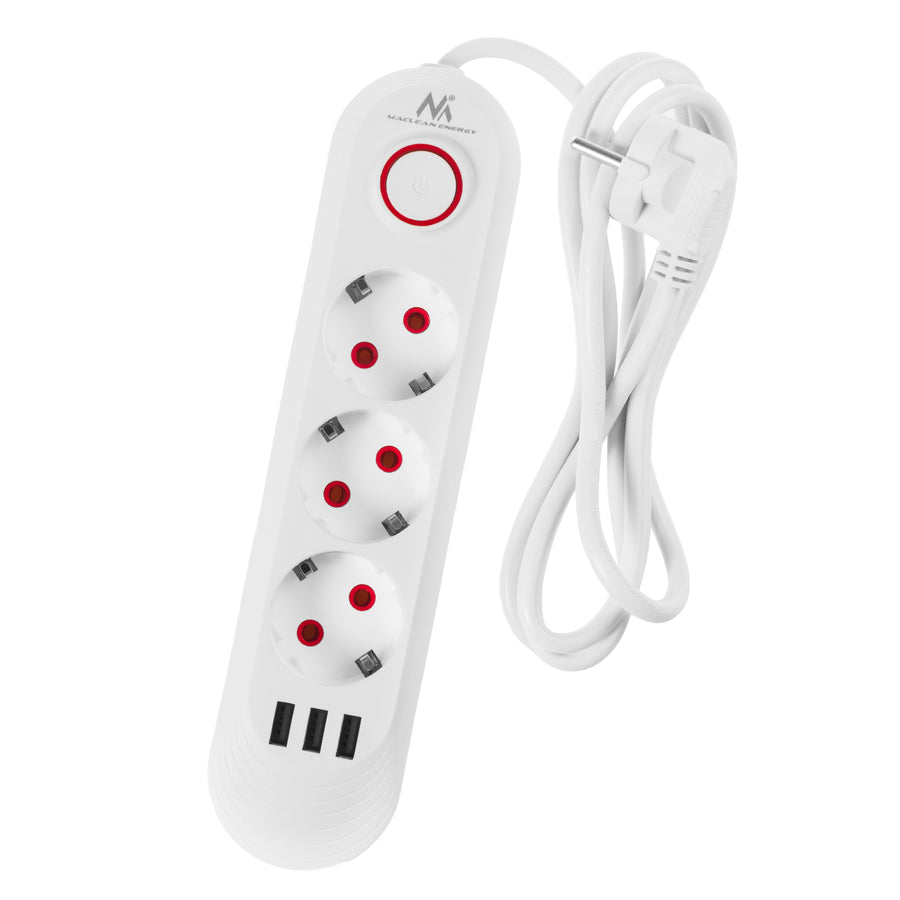 Maclean stekkerdoos, verlengkabel met 3 stopcontacten + 3xUSB, 110-240V AC 50/60Hz, 2,1A max 2500W, 1,5m, wit, MCE394 W