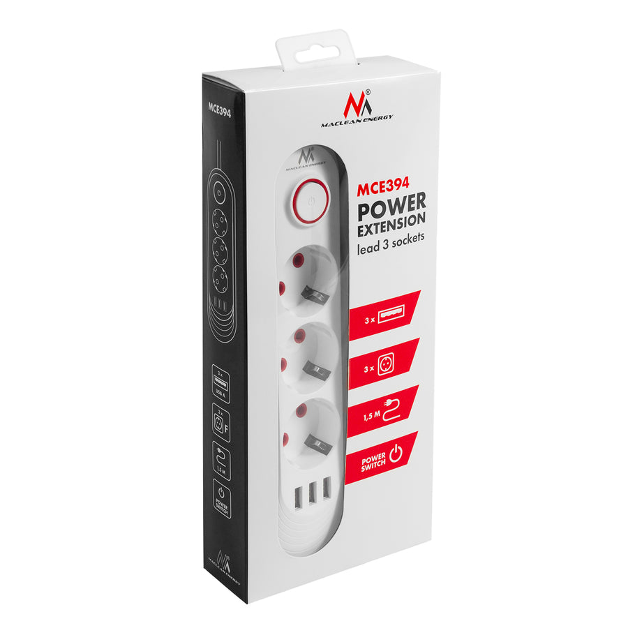 Maclean stekkerdoos, verlengkabel met 3 stopcontacten + 3xUSB, 110-240V AC 50/60Hz, 2,1A max 2500W, 1,5m, wit, MCE394 W