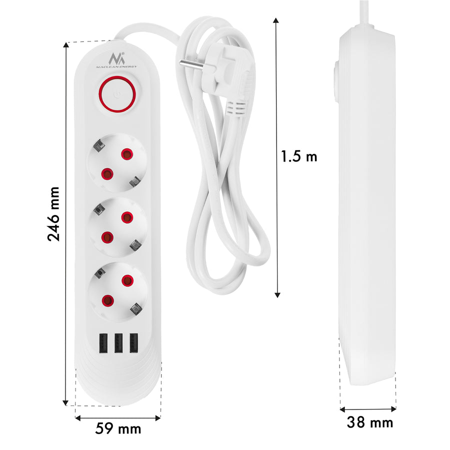 Maclean stekkerdoos, verlengkabel met 3 stopcontacten + 3xUSB, 110-240V AC 50/60Hz, 2,1A max 2500W, 1,5m, wit, MCE394 W