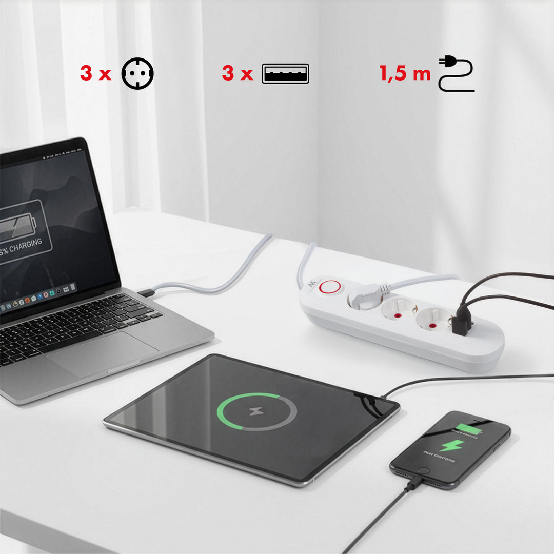 Maclean stekkerdoos, verlengkabel met 3 stopcontacten + 3xUSB, 110-240V AC 50/60Hz, 2,1A max 2500W, 1,5m, wit, MCE394 W