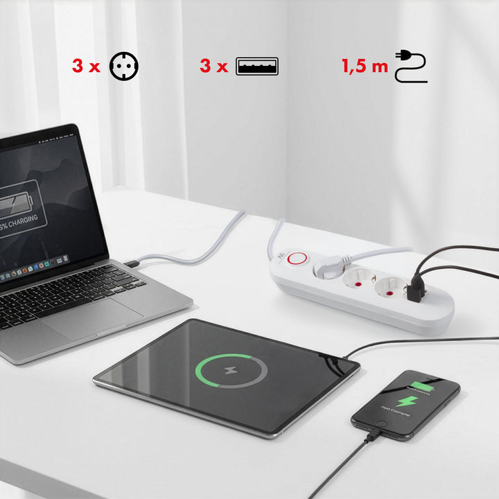 Maclean stekkerdoos, verlengkabel met 3 stopcontacten + 3xUSB, 110-240V AC 50/60Hz, 2,1A max 2500W, 1,5m, wit, MCE394 W