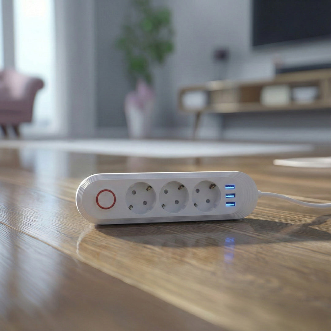 Maclean stekkerdoos, verlengkabel met 3 stopcontacten + 3xUSB, 110-240V AC 50/60Hz, 2,1A max 2500W, 1,5m, wit, MCE394 W