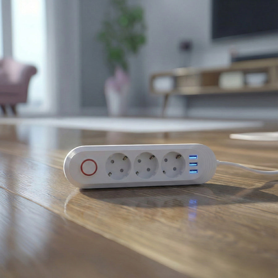 Maclean stekkerdoos, verlengkabel met 3 stopcontacten + 3xUSB, 110-240V AC 50/60Hz, 2,1A max 2500W, 1,5m, wit, MCE394 W